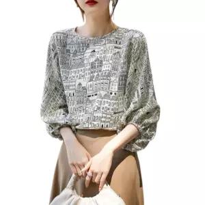 여성 라운드넥 칠부 소매 블라우스 캐주얼 루즈핏 프린트 체형커버 가오리핏 풀오버