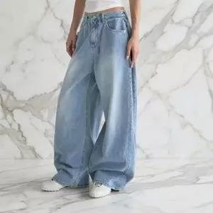 여성용 여름 연청 맥시 와이드 사이드 청바지