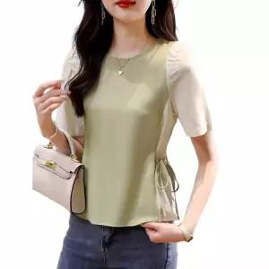 여성 라운드넥 투톤 패치워크 허리조임 트랜드 심플 캐주얼 반팔 블라우스 데일리룩