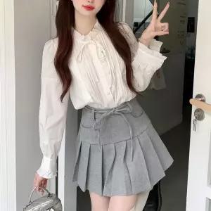 여성 라운드넥 프릴트리밍 솔리드 셔링 퍼프소매 리본포인트 프렌치 빈티지 셔츠 슬림핏 블라우스
