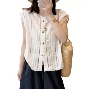 여성 라운드넥 프릴트리밍 펀칭 프렌치 린넨 코디네이터 레이스 밑단 루즈핏 민소매 블라우스