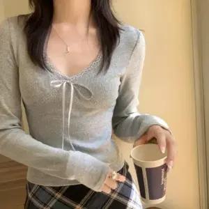 여성 레이스 긴팔 브이넥 데일리 리본 슬림 톱