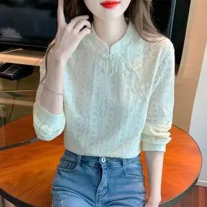 여성 레이스 셔츠 스탠드넥 언발 버튼장식 빈티지 엘레강스 트랜드 데일리 긴소매 블라우스