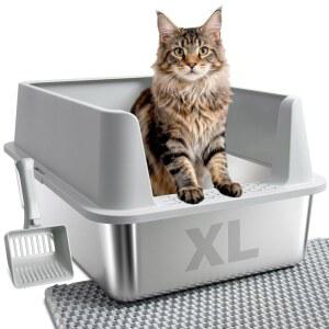 스테인리스 스틸 쓰레기통, 뚜껑이 있는 XL 메탈 고양이 쓰레기통, 높은 면을 가진 큰 고양이를 위한 초대형 고양이 쓰레기통, 누수 방지, 청소하기 쉬움, 스틱 없음, 냄새 제어, 스쿱 및 매트 포함