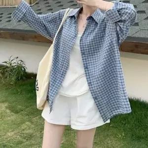 [하프클럽/]여성 체크 루즈핏 긴팔 출근룩 셔츠 그레이