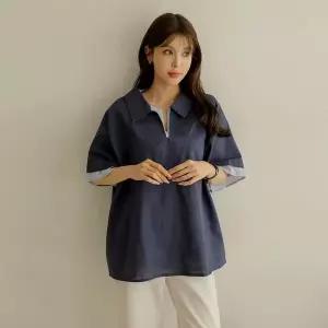 [하프클럽/]에즈잇 배색 스트라이프 반팔 블라우스
