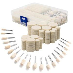 브로지고 110PCS 울 버핑 폴리싱 휠, 드멜 툴 키트, 주얼리 제작 도구 - 보관 케이스 포함 1/8인치 생크