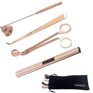 VAVICO 캔들 윅 트리머 커터 스너퍼 아크 라이터 세트 캔들 케어 키트 전기 플라즈마 USB 충전식 롱 방풍 라이터 캔들 스윅스 디퍼(로즈 골드)