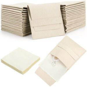Cunno 120개 극세사 보석 파우치 8x8cm 포장 가방 고급 선물 고정 스트랩 봉투 스타일의 청소용 천 포장 (베이지)