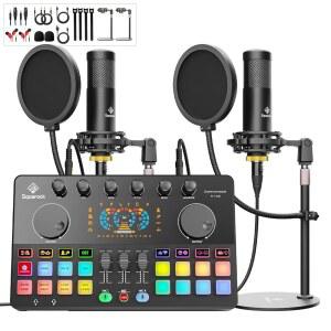 듀얼 XLR-3.5 콘덴서 마이크가 장착된 팟캐스트 장비 번들 2인용 라이브 스트리밍/녹음용 오디오 장비 휴대폰/노트북/PC 인터페이스 M100용 온라인 게임