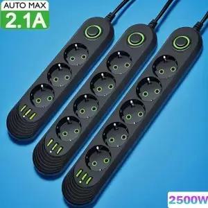 2500W EU 플러그 AC 콘센트 멀티플라이어 전원 스트립 연장 코드 유럽 표준 소켓 네트워크 필터 USB 포트