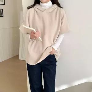 후드니트 박시 반팔 여성 오버 후디 데일리 골지니트 풀오버
