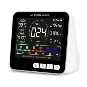 비비레 14-in-1 실내 공기질 모니터, 삐 소리 경보기 포함, PM1.0|PM2.5|PM10|HCHO|TVOC|AQI|온도|습도|가정, 호텔, 사무실, 자동차, 배터리로 작동하는 시간