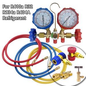 호환호스 커플러 및 어댑터가 포함된 3방향 AC 매니폴드 게이지 세트 냉매 R410A R32 R134a R404용 자동차