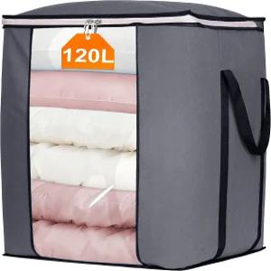 키티 120L 강화 의류 그레이 가방 보관 캔버스 패브릭 포함 손잡이 침구용 용기 통기성 초대형 담요