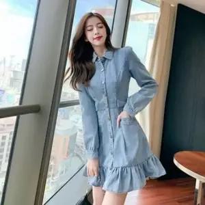 셀럽하우스 긴팔 데님원피스 프릴 앞단추 슬림핏 F60396 청원피스