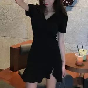 셀럽하우스 여성 V넥 블랙 트임 미니원피스 프릴 여름 하객룩