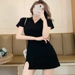 셀럽하우스 여성 니트원피스 트임 카라 브이넥 블랙 반팔 미니