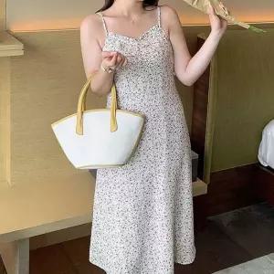 셀럽하우스 플라워 패턴 러블리 슬리브리스 끈나시 롱원피스