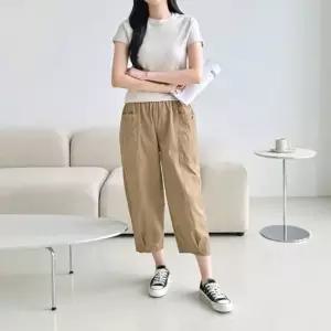 셀럽하우스 워싱면 키키얀 더블포켓 밑단주름 8부바지 데일리코디