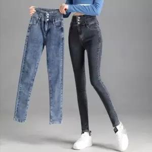 셀럽하우스 쓰리버튼 데님 워싱 사방스판 하이웨스트 청바지 청바
