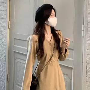 셀럽하우스 여성 데이트 룩 하객 브이넥 긴팔 원피스 가을 드레스