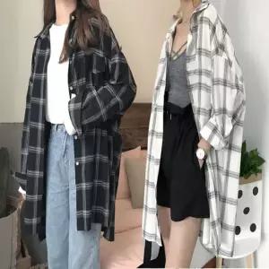 셀럽하우스 셔츠 남방 데일리 여성 오버핏 루즈핏 체크 롱남방
