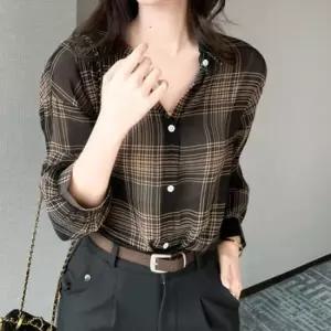 셀럽하우스 봄가을 세미정장 셔츠 체크무늬 시스루 블라우스