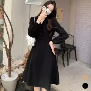 셀럽하우스 여자 외출 데이트 패션 브이넥 라인 코듀로이 A라인 허리끈 프렌치 원피스