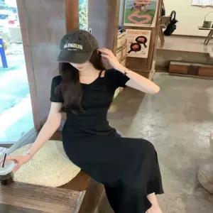 셀럽하우스 여자 데일리 트임 셔링 핀턱 슬림 롱 원피스