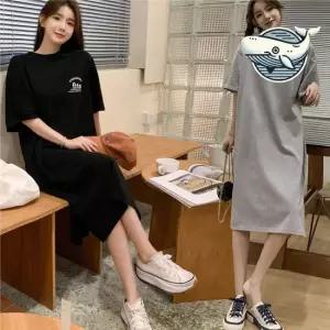 여성 반팔 트임 원피스 영문 레터링 캐주얼 미디원피스 롱원피스 반팔원피스 프릴원피스