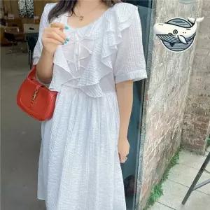 여름 프릴 디테일 화이트 원피스 여성용 쉬폰 셔링원피스 봄여름원피스 빅사이즈여성의류