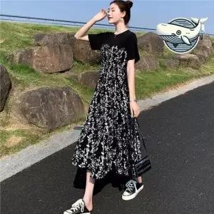 편안한 여성용 블랙 롱 드레스 하이웨스트 롱원피스 플레어원피스 롱치마 플라워치마