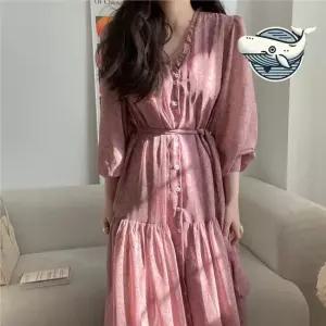 여성 봄가을 브이넥 셔링 롱 원피스 핑크 결혼식하객룩 하객원피스 롱원피스