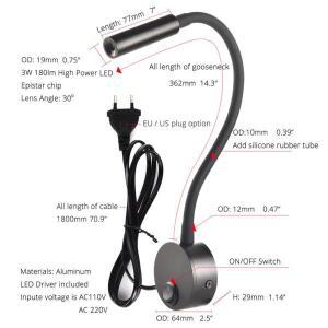 침대 옆 작업 연구 독서 램프 벽 sconces 3W LED 책 야간 조명기구 스팟 EU 미국 플매트 카펫 러그 코드