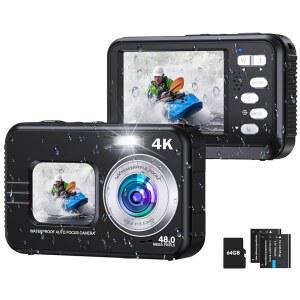 수중 카메라 셀카 듀얼 스크린 4K 48MP 11FT 스노클링용 오토포커스 방수 디지털 16배 줌 64GB 카드 배터리 2개 조명 채우기(블랙)