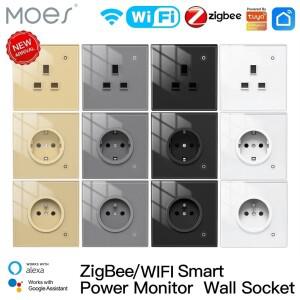 Moes ZigBee 벽 소켓 와이파이 스마트 유리 패널 콘센트 전원 모니터  TUYA 무선 제어 타이머  알렉사 구글