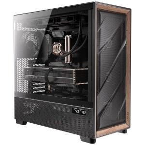 Antec 플럭스 프로, 6개의 PWM 팬 포함, 월넛 우드가 장착된 고풍량 전면 패널, iShift PSU 90 마운트, USB3.0 x 2, 타입-C, 420mm 라디에이터 지원, 온도 디스플레이, 풀 타워 E-ATX PC 케이스