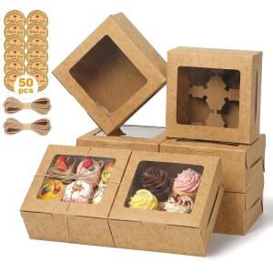 OAMCEG 50 PCS 컵케이크 상자(창 포함), 6x6x3 인치 쿠키 상자, 페이스트리용 베이커리 간식 상자, 디저트, 초콜릿 딸기, 컵케이크 용기, 스티커 및 트윈 브라운 증정