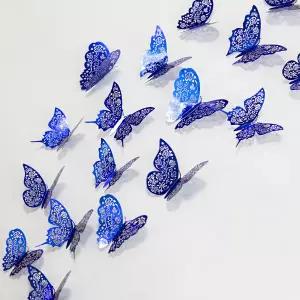 12Pcs 3D 로얄 블루 할로우 나비 벽 스티커 종이 장미 꽃 디자인 생활 홈 장식 웨딩 나비 데칼