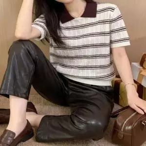 3컬러 미니멀룩 활용좋은 여름 스트라이프 케이블 숏소매 니트티