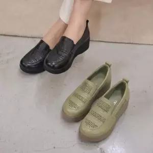 여자 베이직 펀칭 소가죽 키높이 통굽 슬립온