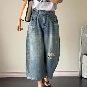 여자 캣워싱 와이드 9부 무릎 데미지 뒷밴딩 청바지
