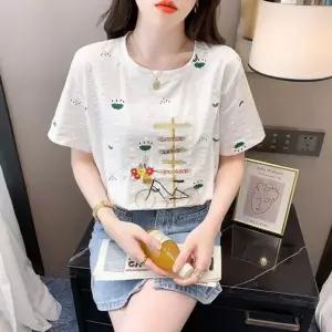 산뜻한 심플한 자수 여름옷 반팔티셔츠 무늬 화이트