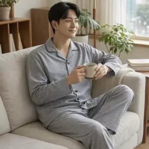 남자 카라 실내복 체형커버 캐쥬얼 롱슬리브 잔체크 세트
