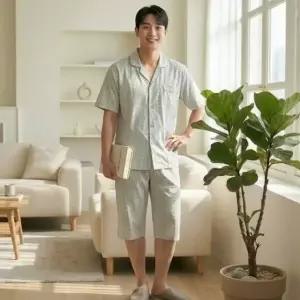 남자 모던 체크 카라 반팔 빅사이즈 파자마 홈웨어 세트