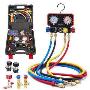 ROGVOC AC 게이지 R22 / R410A R134A 냉매용 매니폴드 게이지 세트 안전 밸브가 장착된 4방향 HVAC 냉매 5FT 호스 어댑터 캔 탭 빨간색