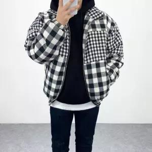 [엠클로]남자 오버핏 큐 체크 배색 하이넥 숏 패딩점퍼 남여공용 2컬러