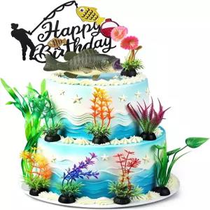 BlingABC 11PCS 낚시 케이크 토퍼 사실적인 배스 물고기와 수생 식물 장식 아버지 할아버지 어부 생일 은퇴