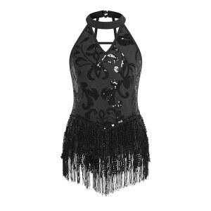Girls Sparkly Sequin Tassel Fringe Bodysuit Dance Leotard Strappy Back Halter V-neck Latin Jazz Hip Hop Dancewear Sleeveless One-piece for Stage Performance Recitals Competition Black 3-4 Years